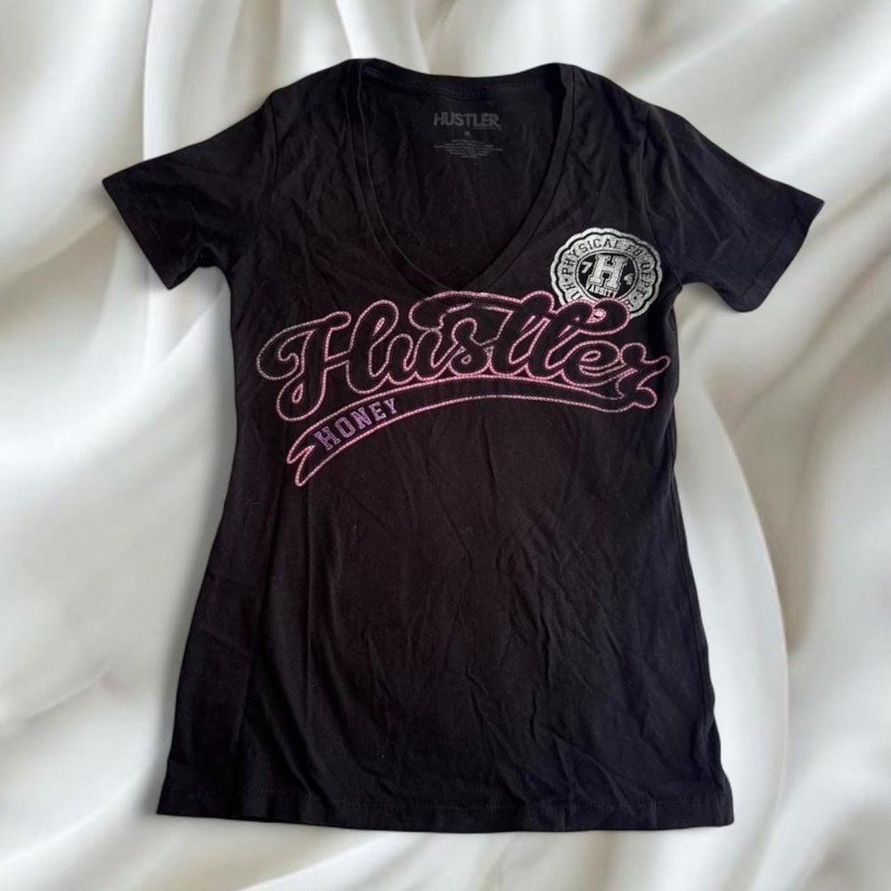 Hustler pink black baseball graphic v-neck top y2k vintage grunge skater